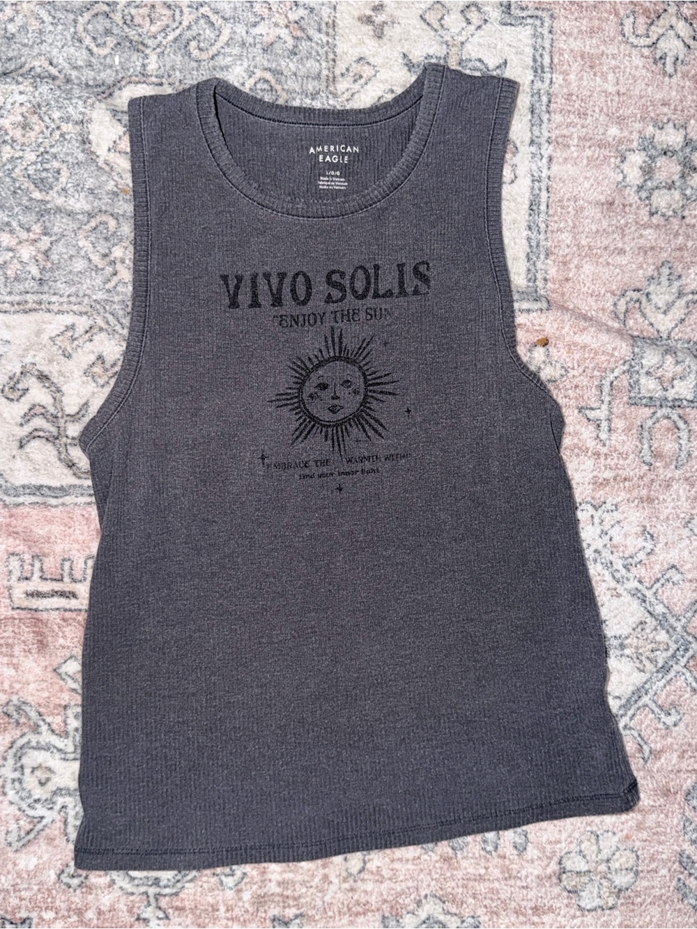 American Eagle Outfitters Charcoal Ribbed Tank with Sun Graphic
